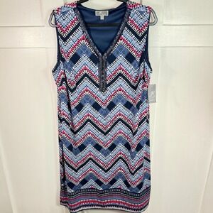 JM Collection Woman Plus Size 1X Blue Pink Black Chevron V Neck Sleeveless Dress